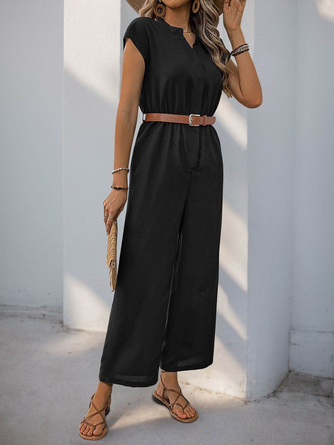 Perfee Notched Wide Leg Jumpsuit - Selvanelle