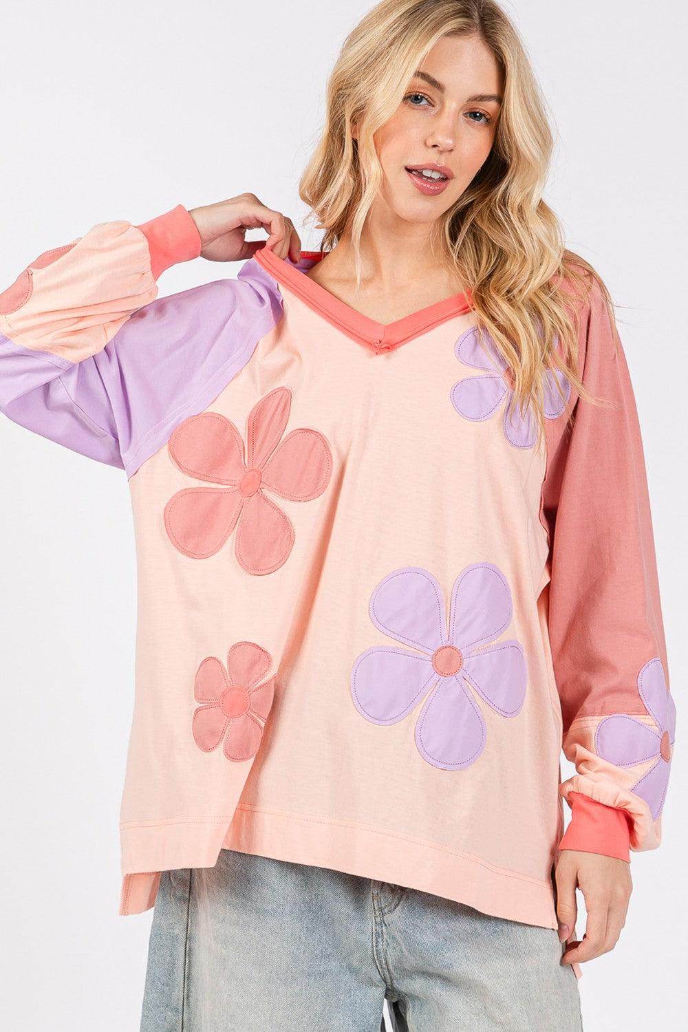 SAGE + FIG Full Size Daisy Applique Patch Long Sleeve Top - Selvanelle