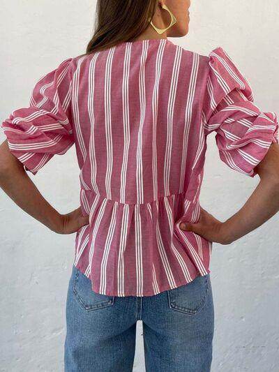 Tied Round Neck Balloon Sleeve Shirt for Stylish Look - Selvanelle