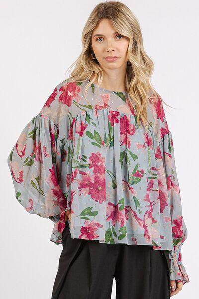 Mittoshop Floral Round Neck Flounce Sleeve Blouse for Women - Selvanelle