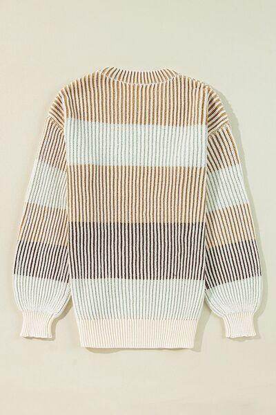 Striped Color Block Round Neck Long Sleeve Sweater for Women - Selvanelle