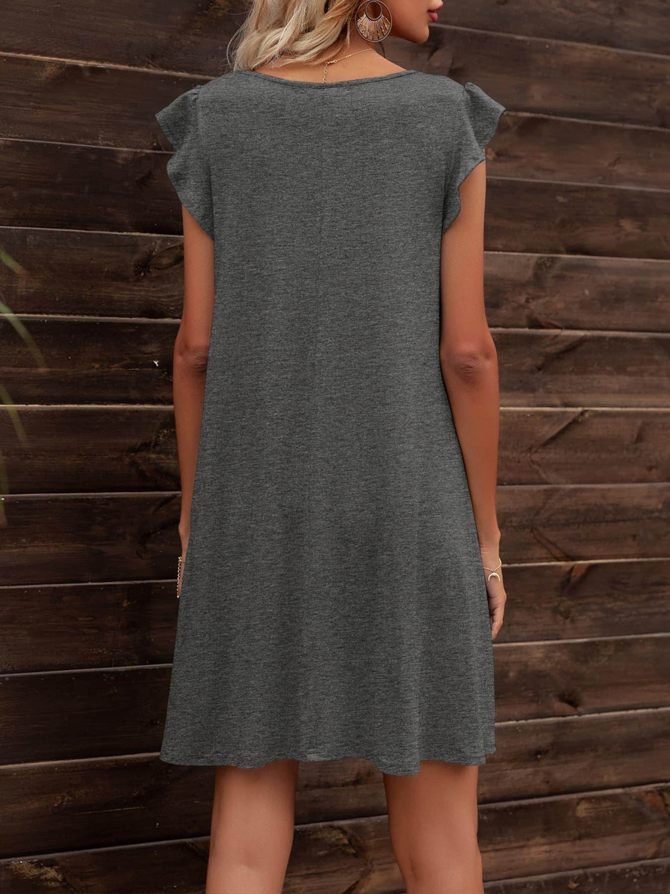 Round Neck Flutter Sleeve Dress with Pockets for Women - Selvanelle