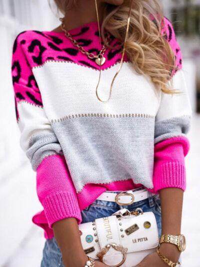 Leopard Color Block Round Neck Long Sleeve Sweater for Women - Selvanelle