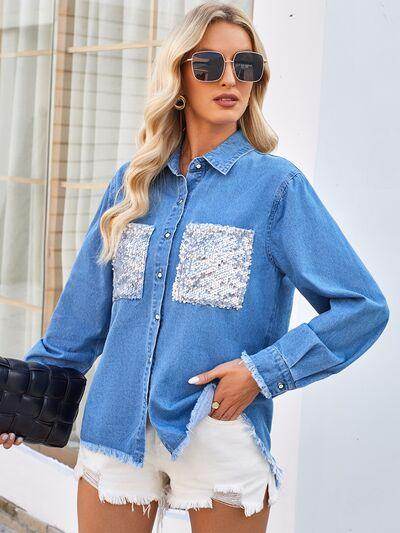 Raw Hem Button Up Long Sleeve Denim Jacket with Sequin Pockets - Selvanelle