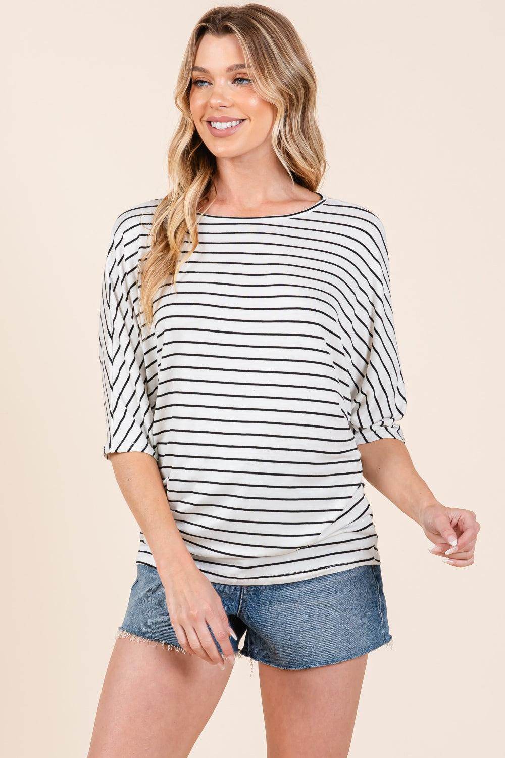 BOMBOM Striped Boat Neck Dolman Sleeve Top for Women - Selvanelle