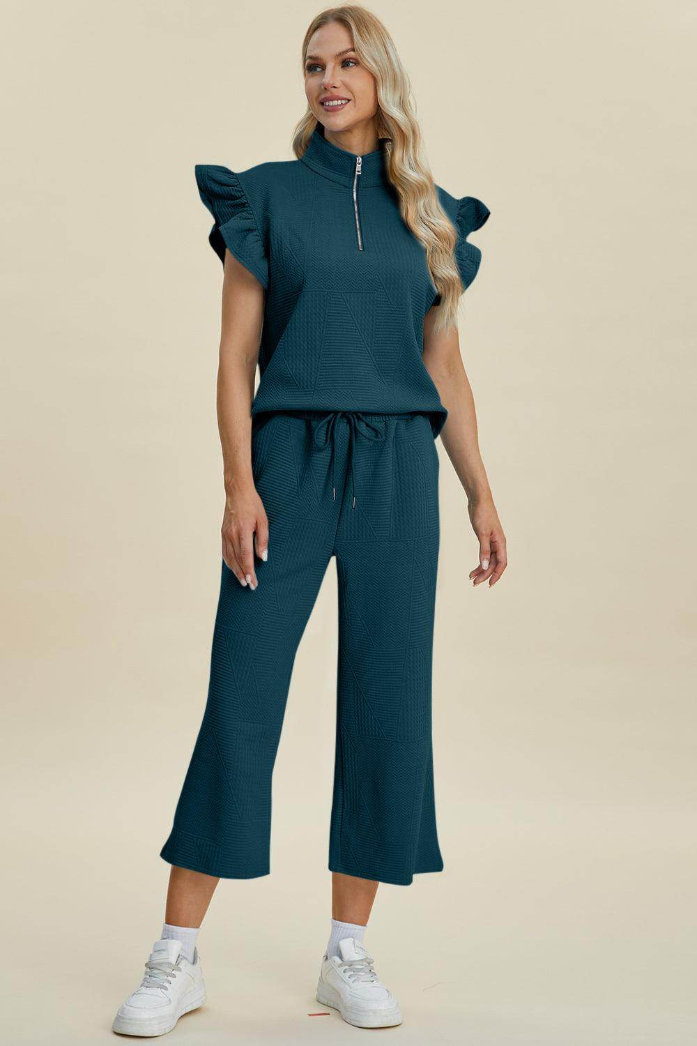 Double Take Full Size Texture Ruffle Top and Pants Set - Selvanelle