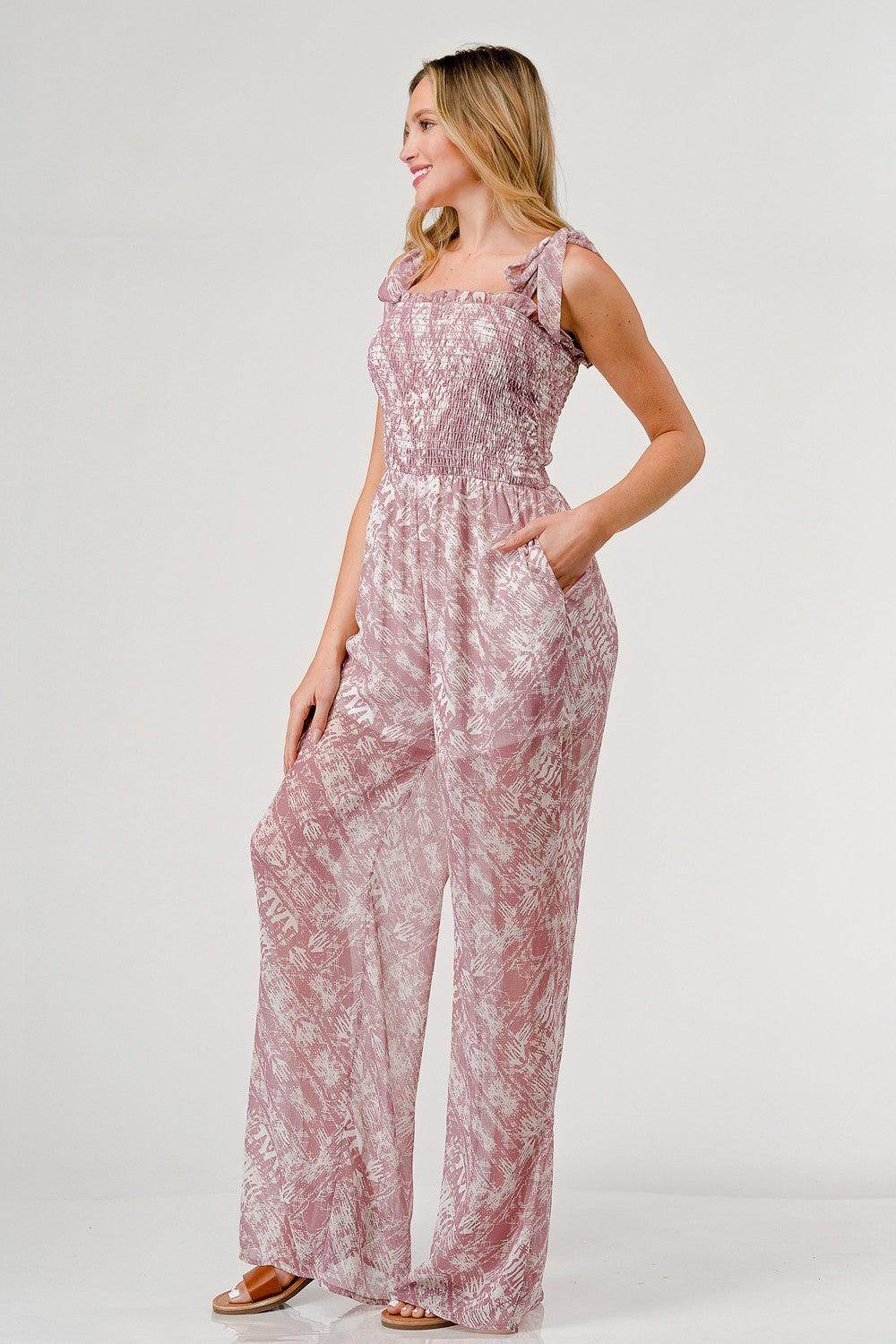 GeeGee Printed Tie Shoulder Wide Leg Jumpsuit for Women - Selvanelle