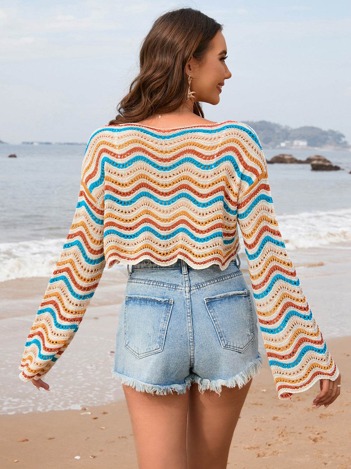 Striped Boat Neck Long Sleeve Cover Up - Selvanelle