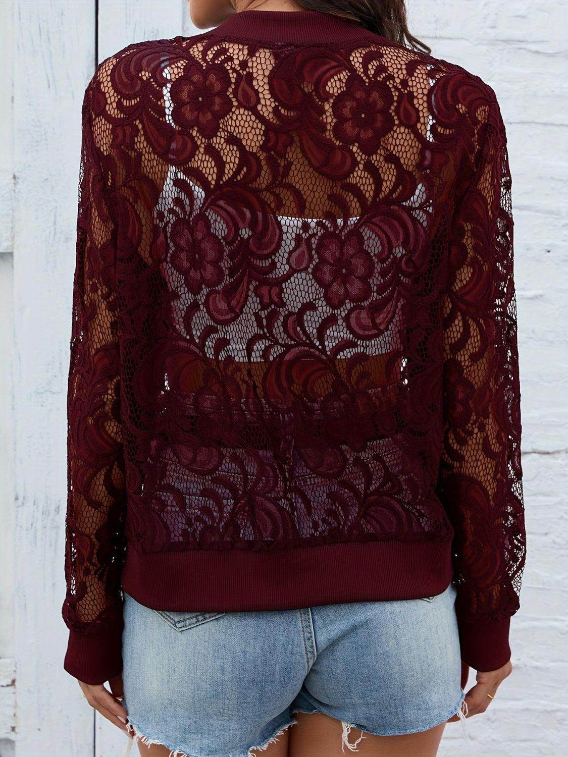 Sheer Lace Zip Up Long Sleeve Jacket for Women Fashion - Selvanelle