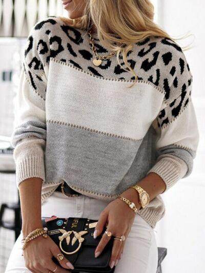 Leopard Color Block Round Neck Long Sleeve Sweater for Women - Selvanelle
