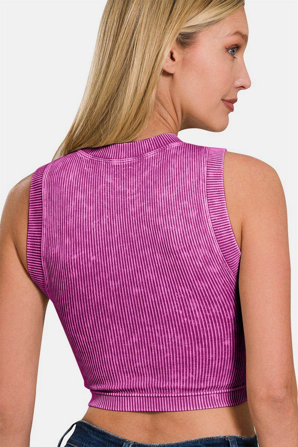 Zenana Washed Ribbed Seamless Crop Tank with Bra Pad - Selvanelle