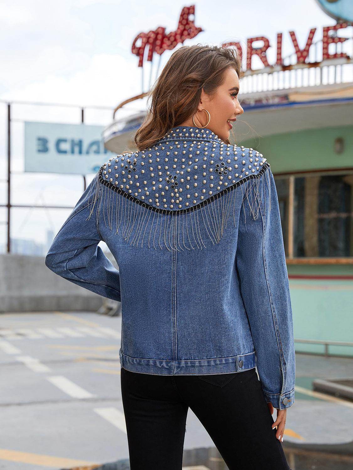 Studded Fringe Button Down Denim Jacket for Women - Selvanelle