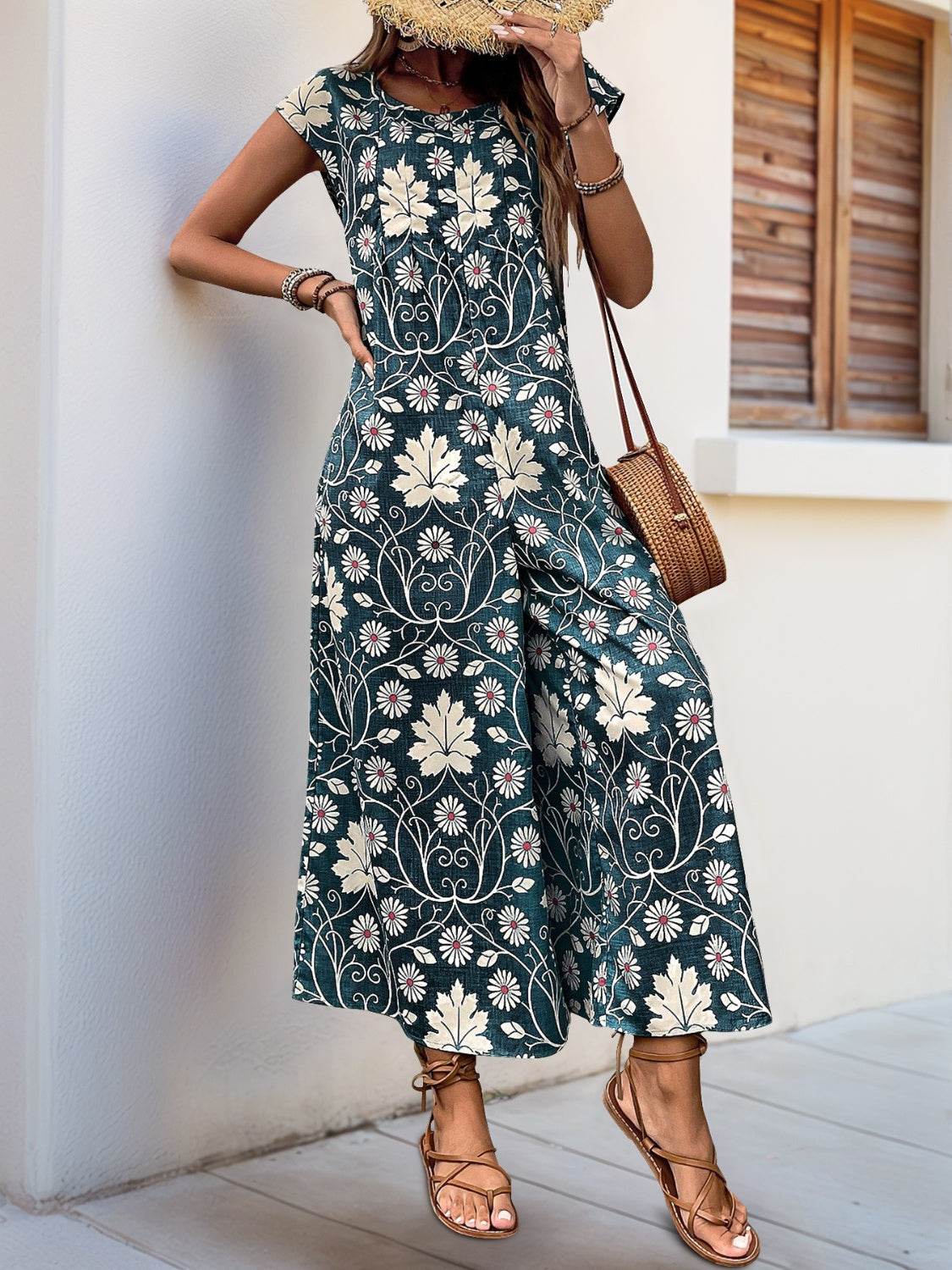 Perfee Printed Round Neck Cap Sleeve Wide Leg Jumpsuit - Selvanelle