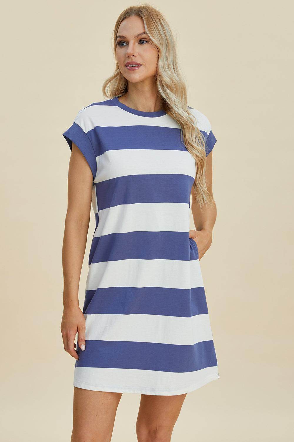 Basic Bae Full Size Striped Round Neck Cap Sleeve Mini Dress - Selvanelle