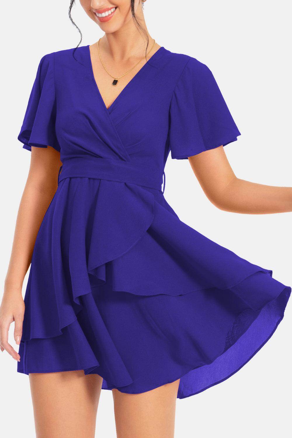 Surplice Neck Flutter Sleeve Dress for Chic Summer Style - Selvanelle