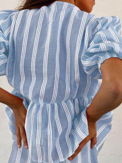 Tied Round Neck Balloon Sleeve Shirt for Stylish Look - Selvanelle