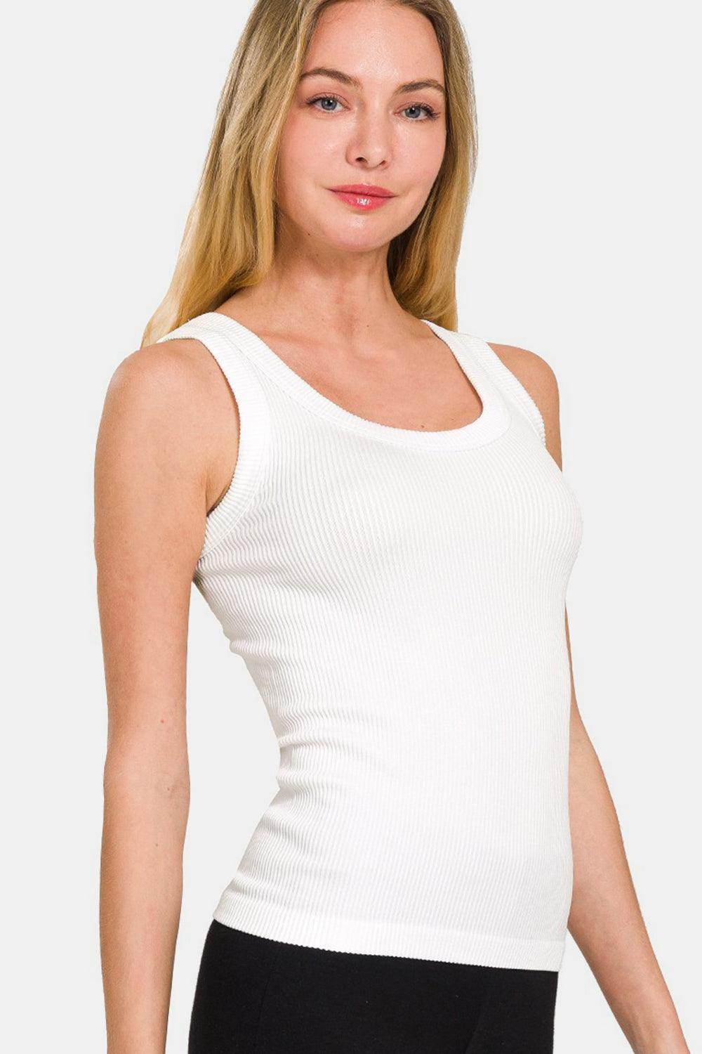 Zenana 2 Way Neckline Washed Ribbed Tank Top for Women - Selvanelle