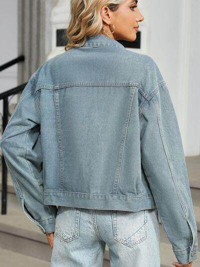Rhinestone & Pearl Trim Button Down Long Sleeve Denim Jacket - Selvanelle
