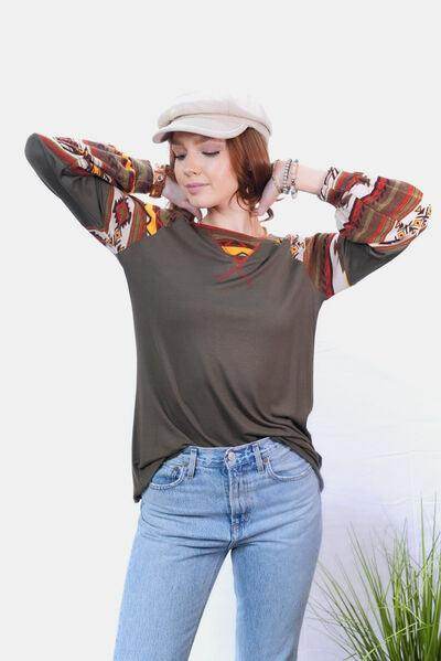 Celeste Full Size Geometric Round Neck Long Sleeve Top - Selvanelle