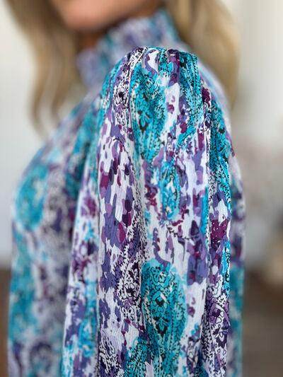 Double Take Full Size Printed Smocked Long Sleeve Blouse - Selvanelle