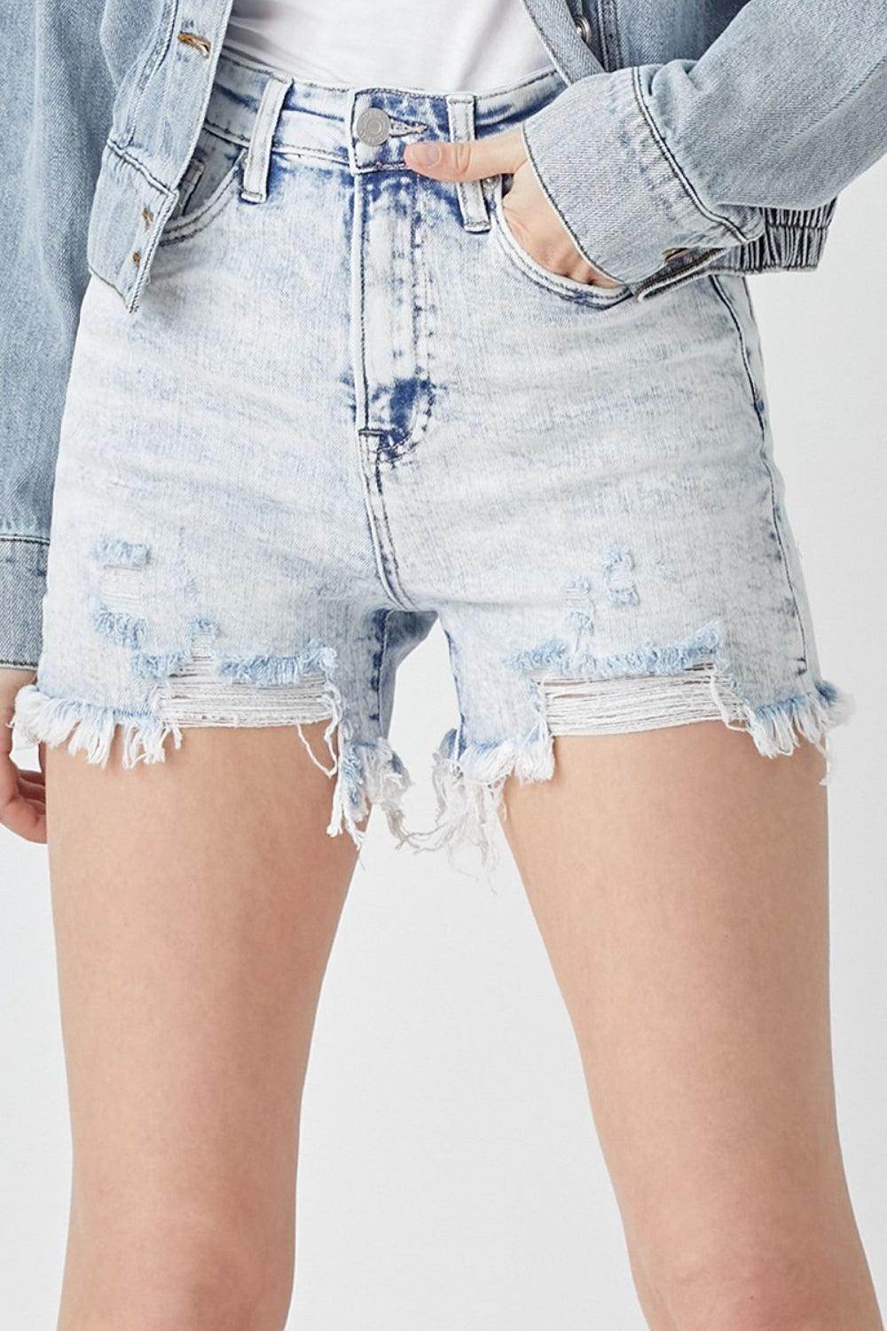RISEN Raw Hem Distressed High Rise Denim Shorts for Women - Selvanelle