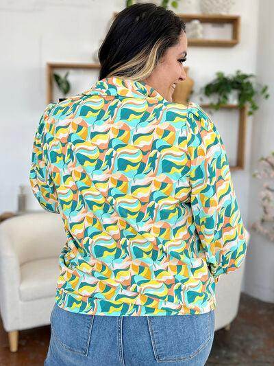 Double Take Full Size Printed Smocked Long Sleeve Blouse - Selvanelle