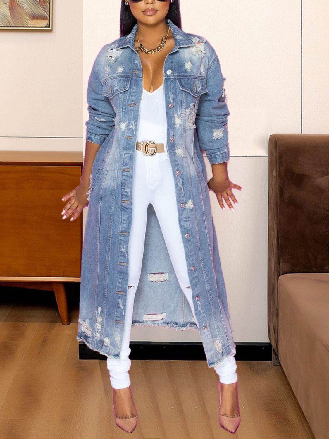 Chic Long Sleeve Raw Hem Denim Jacket for Stylish Women - Selvanelle