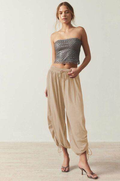 Drawstring Ruched Pants for Women in Sheer Opaque Style - Selvanelle