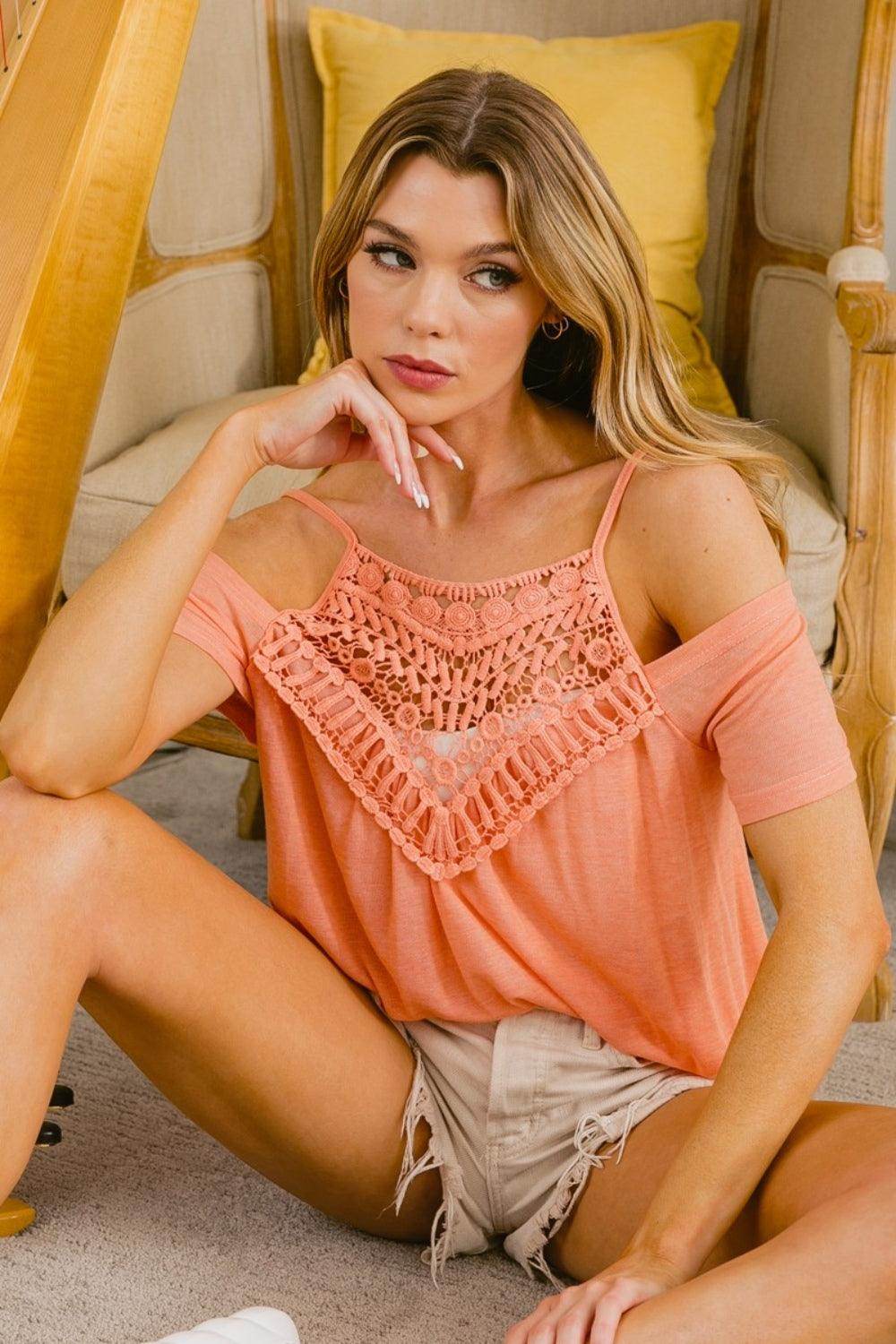 BiBi Front Crochet Lace Adjustable Strap Top for Women - Selvanelle