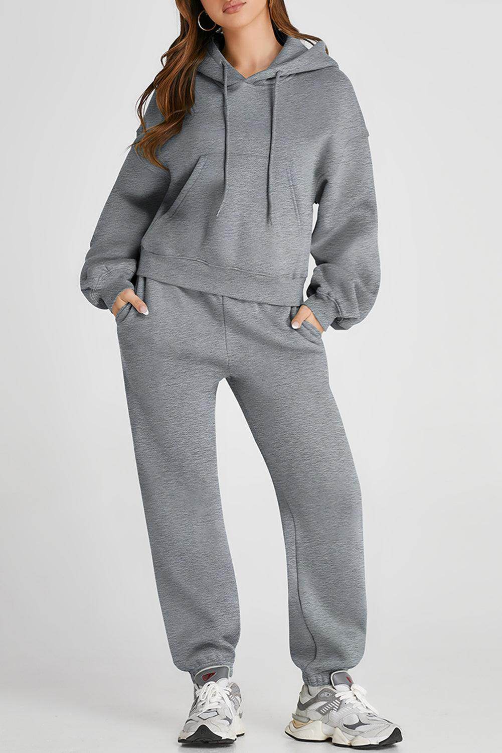 Dropped Shoulder Hooded Top and Pants Active Set for Women - Selvanelle