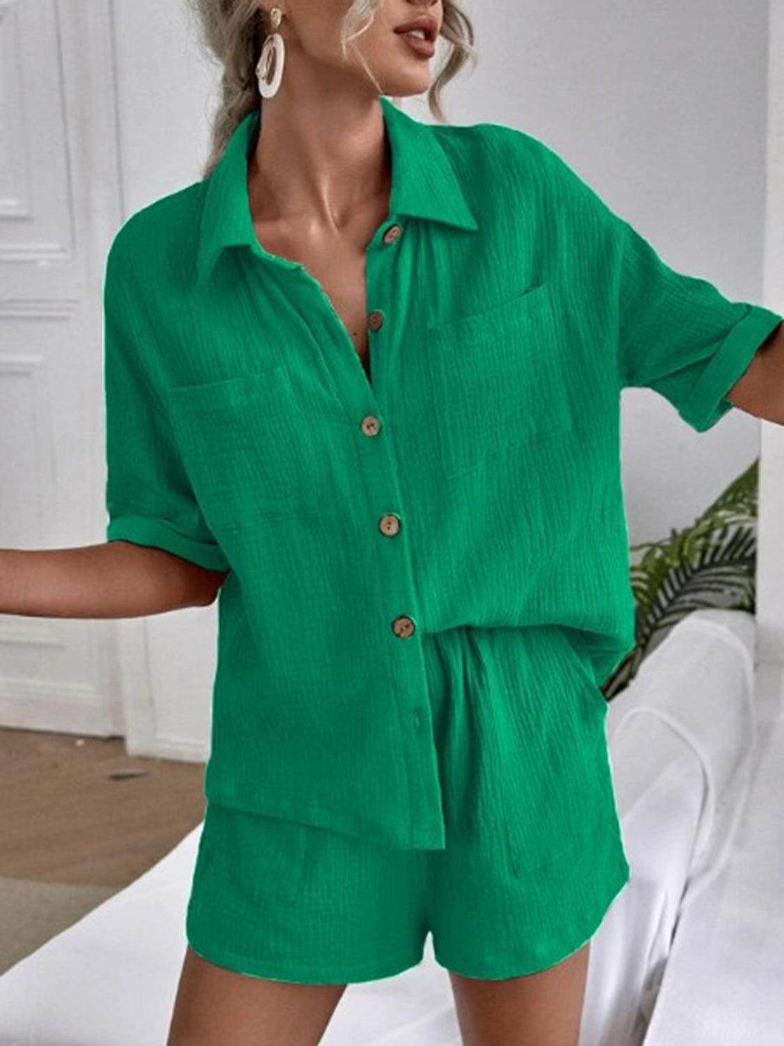 Button Up Short Sleeve Top and Shorts Set for Women - Selvanelle