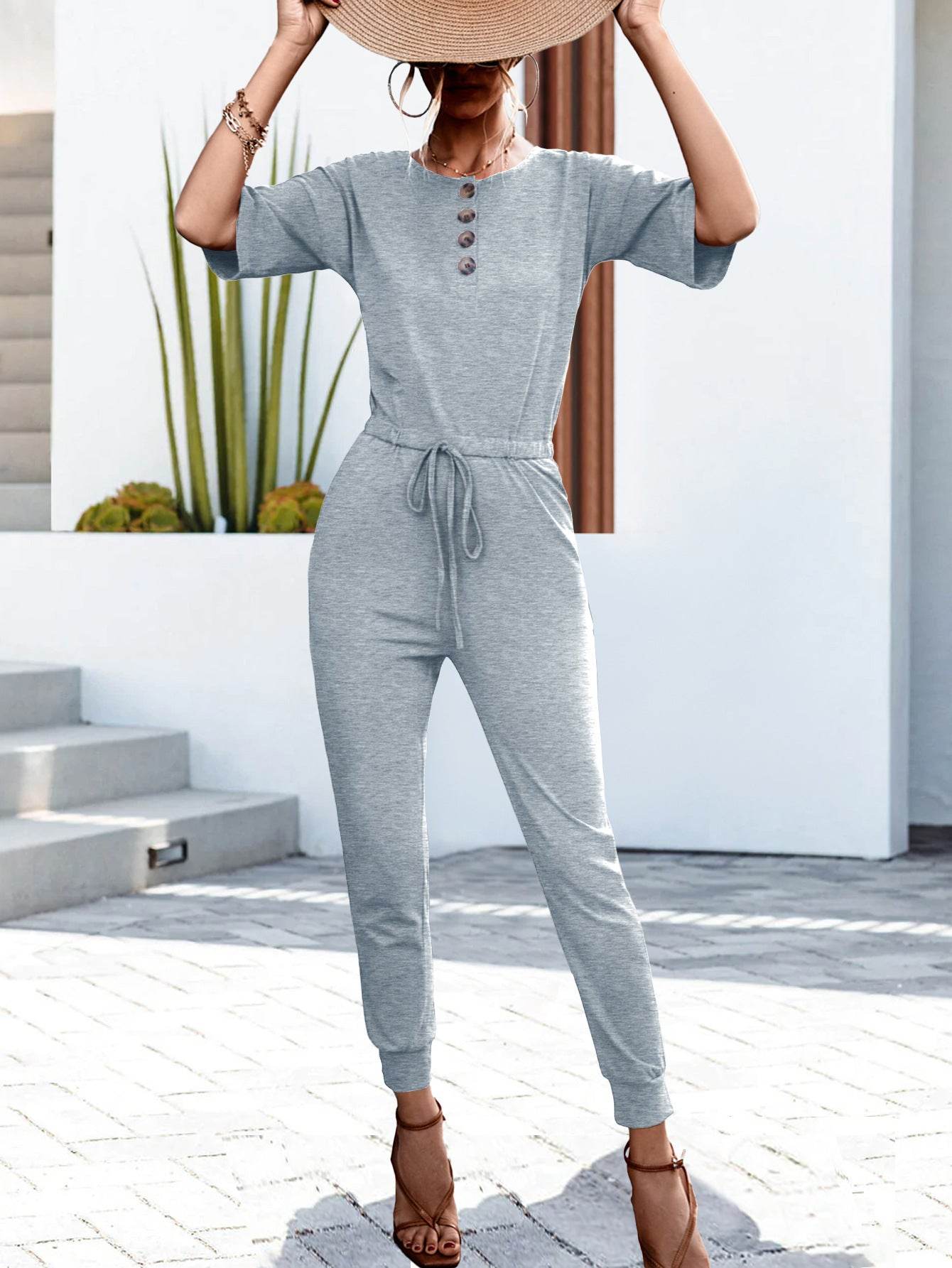 Buttoned Half Sleeve Round Neck Jumpsuit - Selvanelle