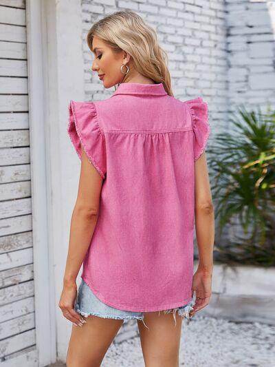 Ruffled Pocketed Collared Neck Cap Sleeve Denim Top for Women - Selvanelle