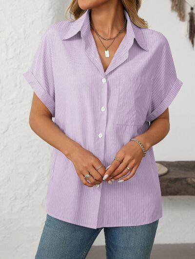 Mandy Pocketed Striped Collared Neck Short Sleeve Shirt - Selvanelle