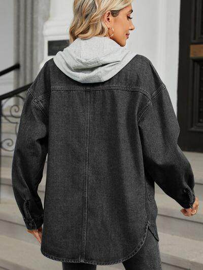Removable Hood Button Up Long Sleeve Denim Jacket for Women - Selvanelle