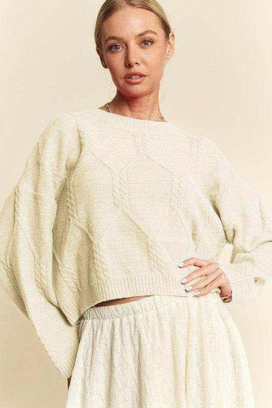 Davi & Dani Diamond Cable Pattern Drop Shoulder Sweater - Selvanelle