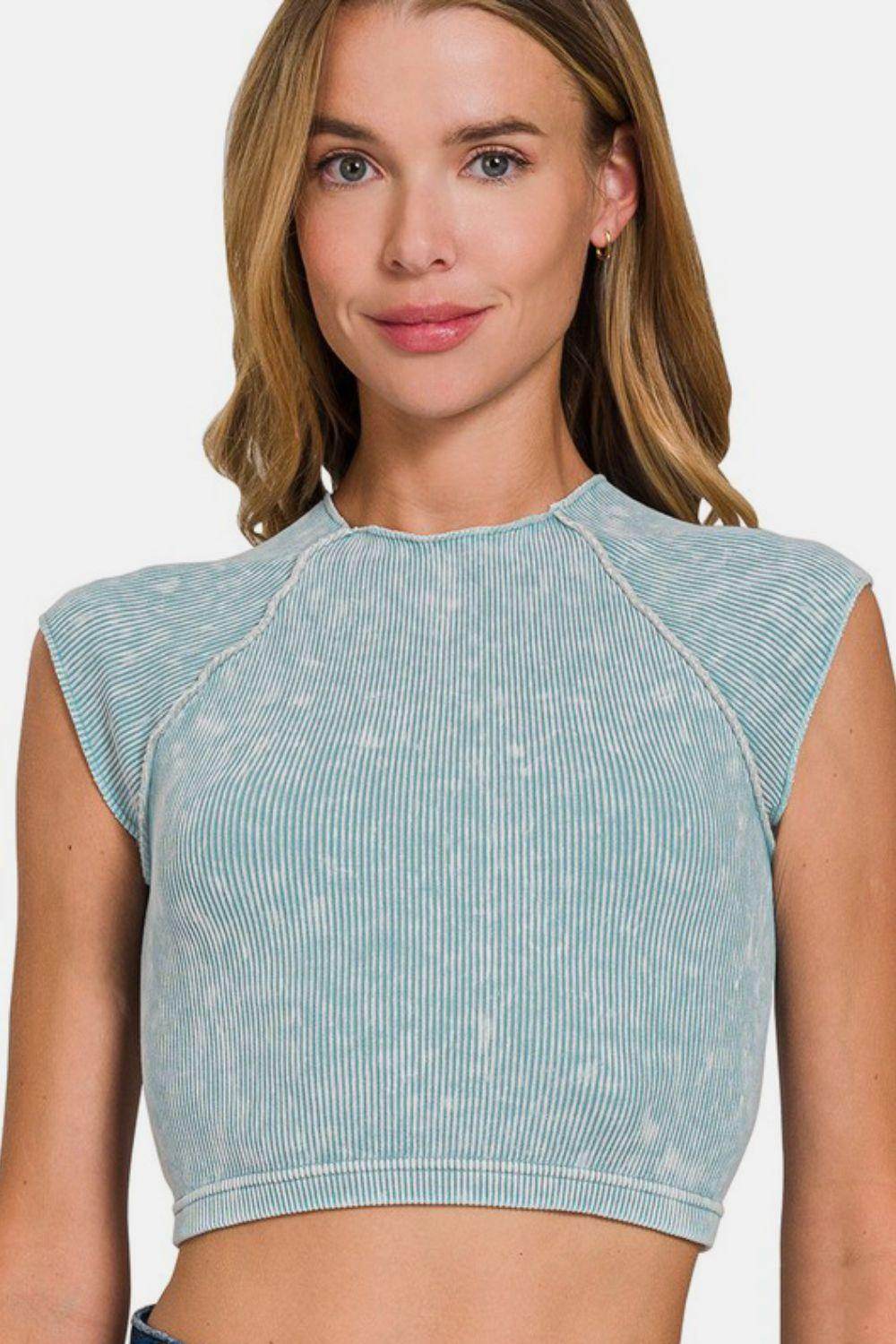 Zenana Ribbed Round Neck Cropped Top for Trendy Style - Selvanelle