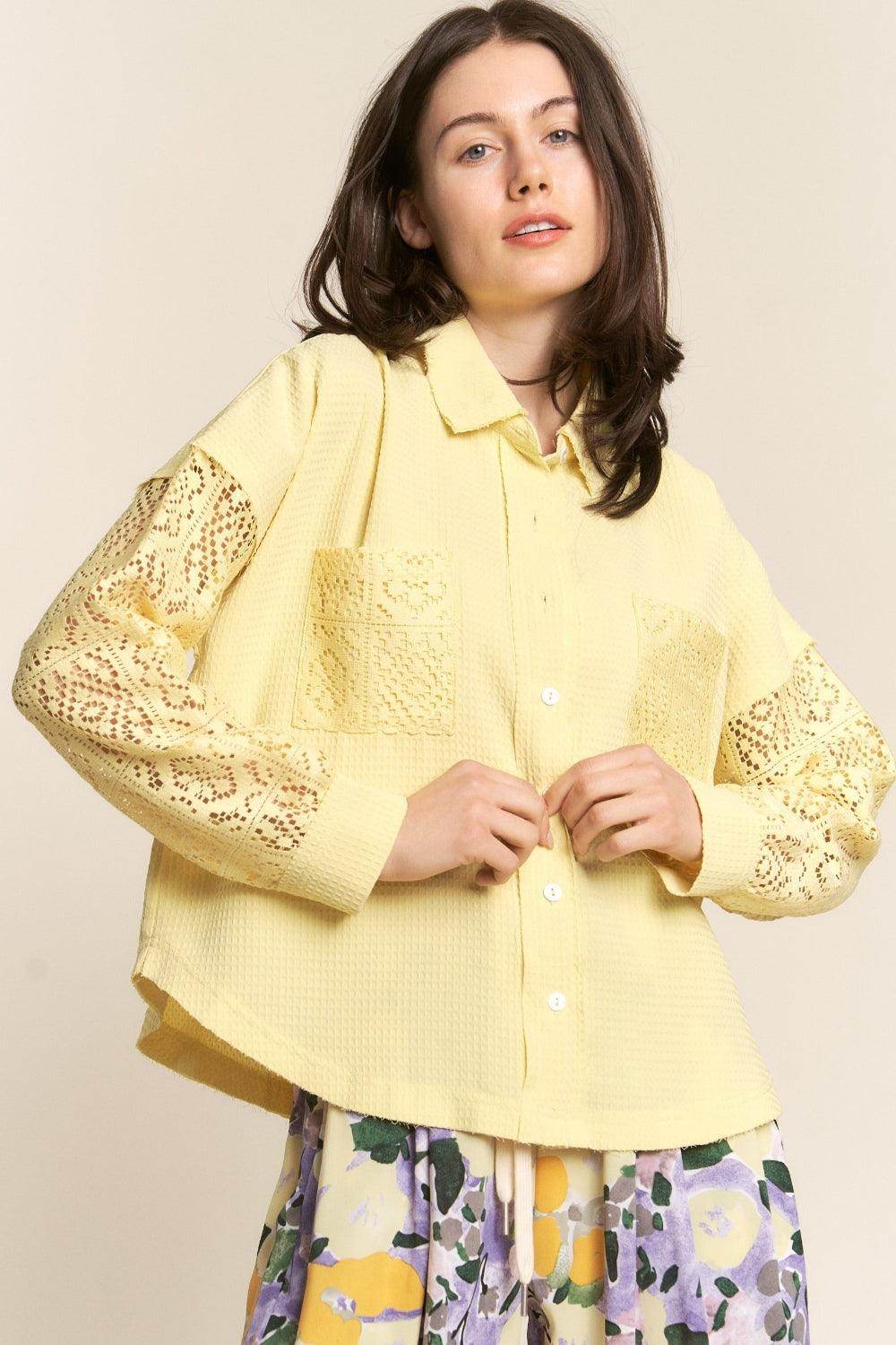 J.NNA Button Down Lace Long Sleeve Waffle Shirt for Women - Selvanelle