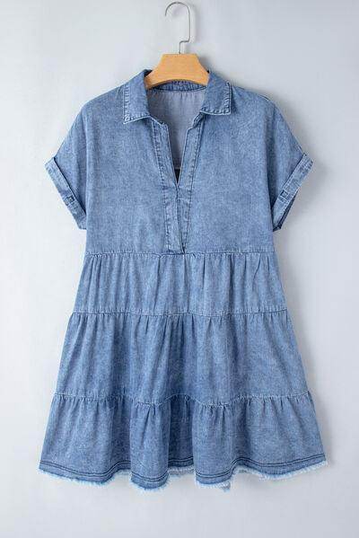 Raw Hem Collared Neck Short Sleeve Denim Dress for Women - Selvanelle