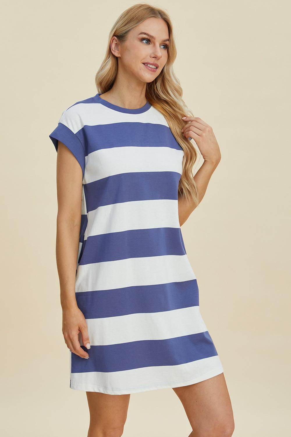 Basic Bae Full Size Striped Round Neck Cap Sleeve Mini Dress - Selvanelle