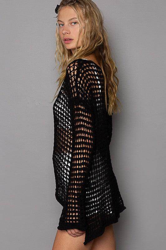 POL Side Slit Openwork Long Sleeve Knit Cover Up for Women - Selvanelle