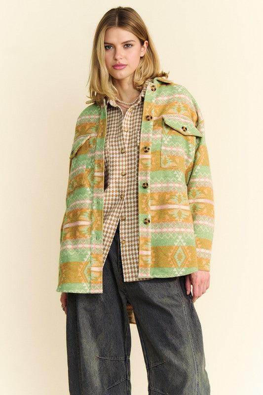 Davi & Dani High-Low Geometric Long Sleeve Shacket with Pockets - Selvanelle