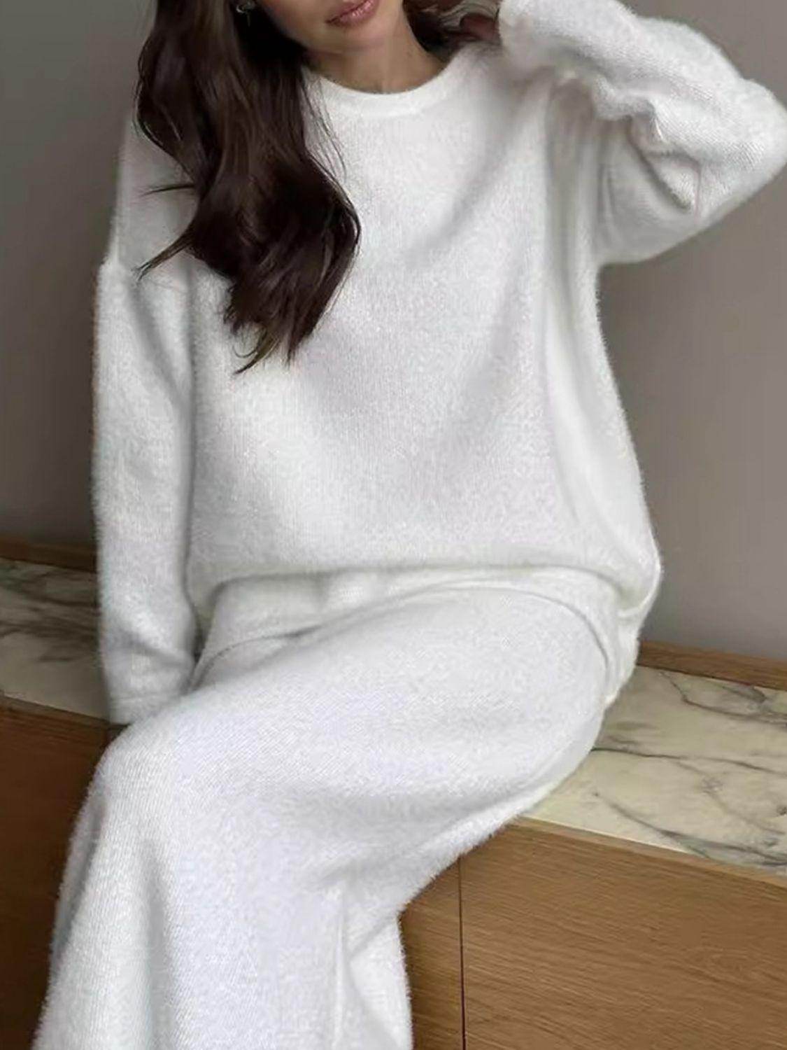 Round Neck Dropped Shoulder Top and Midi Skirt Sweater Set - Selvanelle