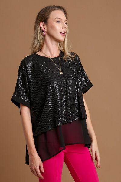 Umgee Sequin Half Sleeve Layered Blouse for Stylish Looks - Selvanelle