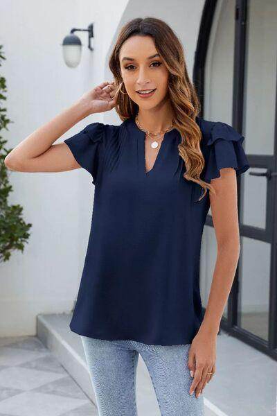 Ruffled Notched Short Sleeve Blouse for Women Stylish Wear - Selvanelle
