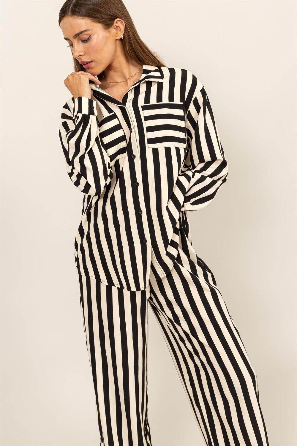 HYFVE Striped Button Up Shirt and Pants Set for Women - Selvanelle