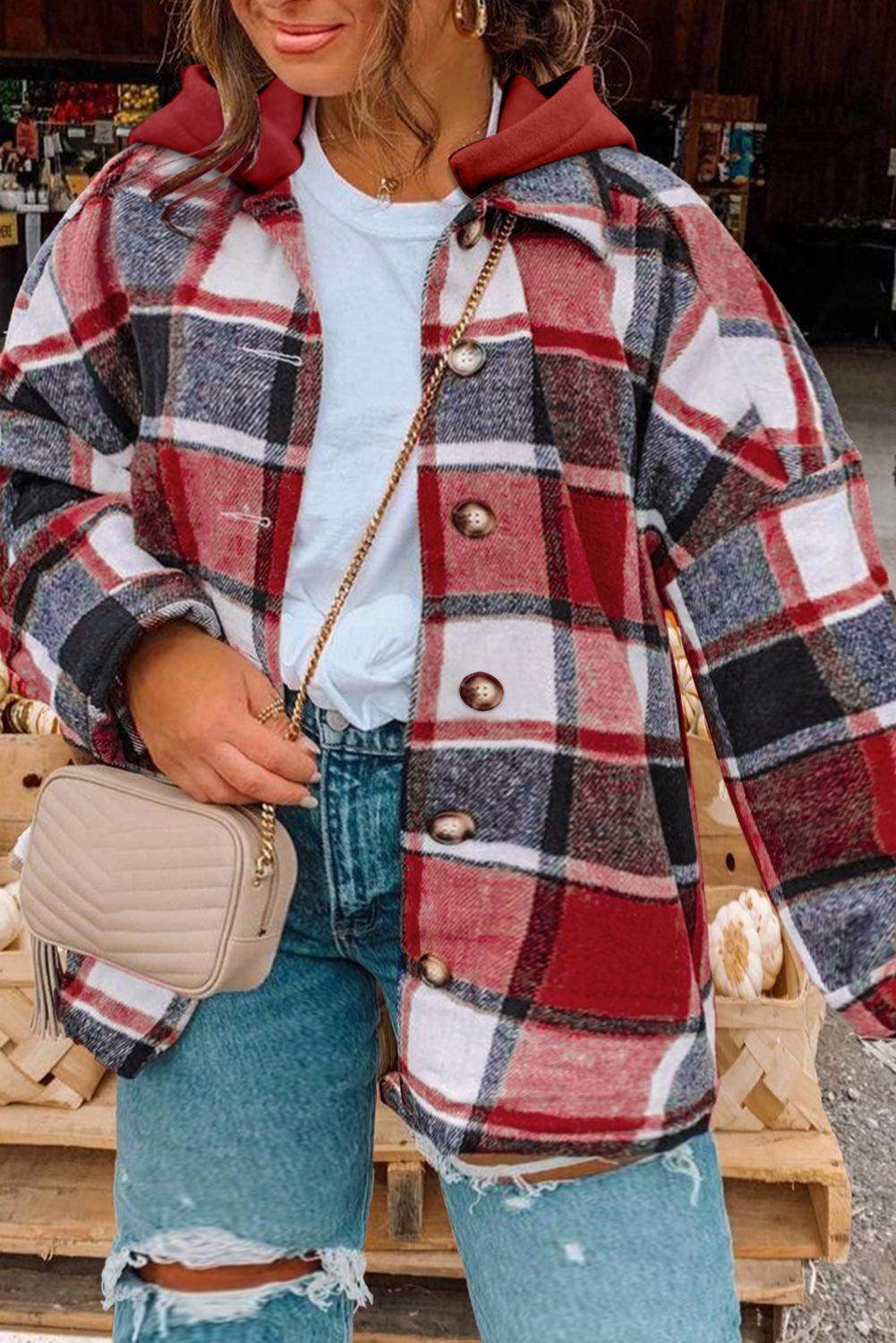 Plus Size Plaid Button Up Hooded Jacket for Women - Selvanelle