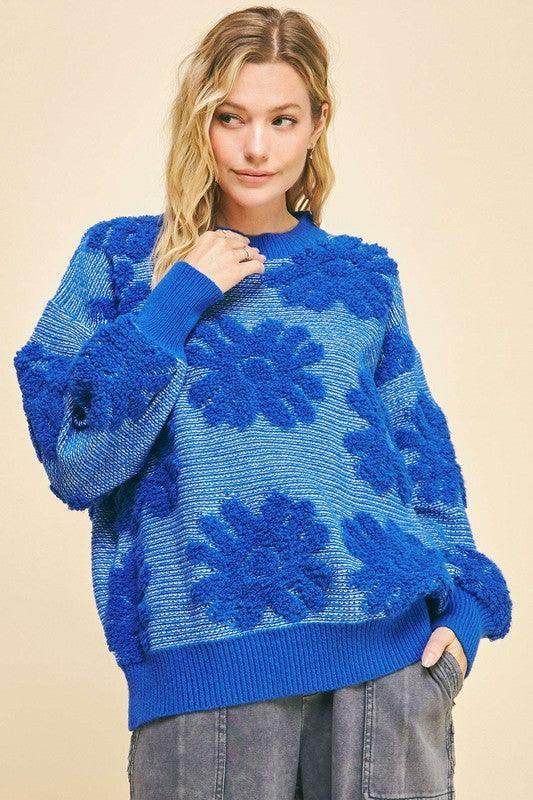 Davi & Dani Flower Texture Round Neck Dropped Shoulder Sweater - Selvanelle