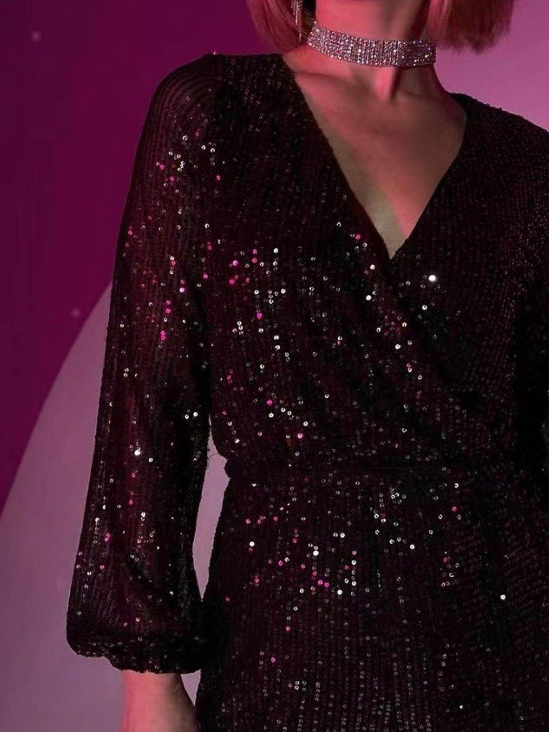 Full Size Sequin Surplice Tie Waist Long Sleeve Romper - Selvanelle