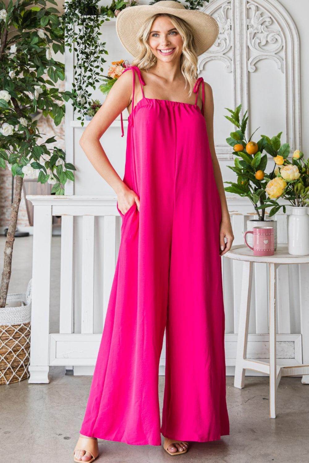 Veveret Pocketed Spaghetti Strap Wide Leg Jumpsuit for Women - Selvanelle